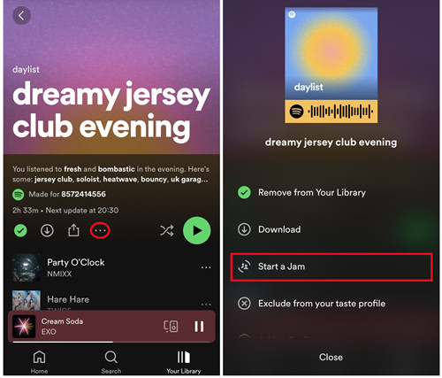 spotify mobile start a jam from three dot menu