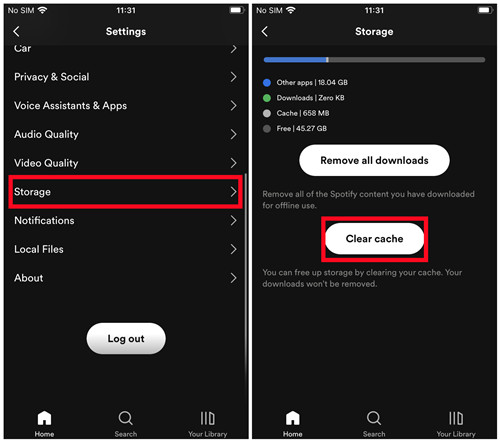 spotify mobile storage clear cache