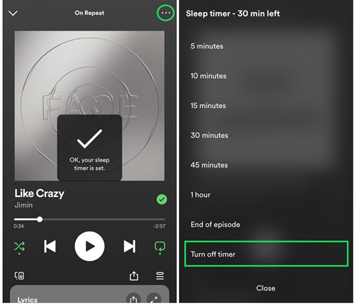 spotify mobile turn off sleep timer for song