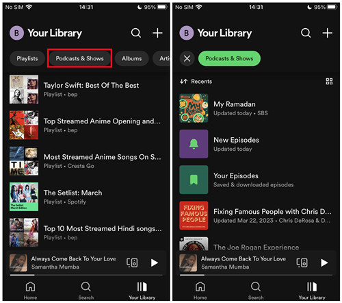 spotify mobile your library podcasts shows