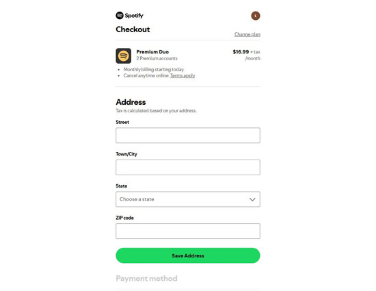 spotify payments checkout premium duo