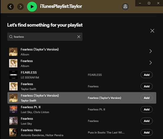 spotify playlist add songs from playlist search
