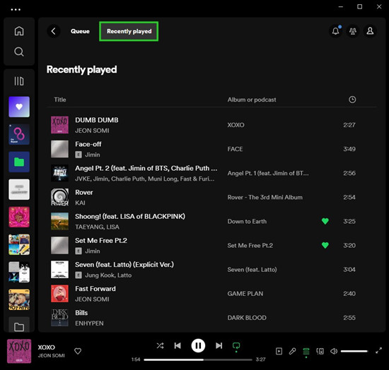 spotify desktop recently played next to queue