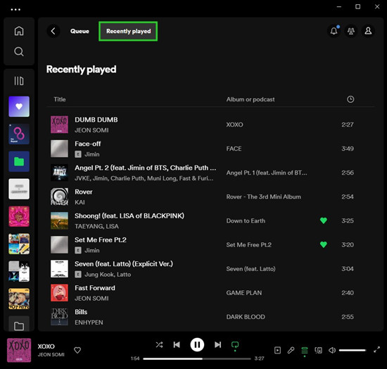 spotify queue recently played