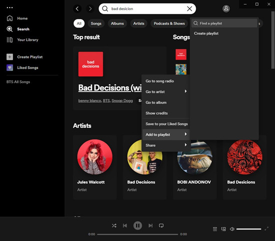 spotify search top result add to playlist