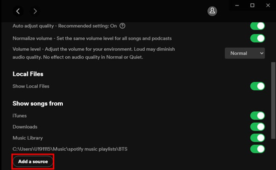 spotify settings add a source