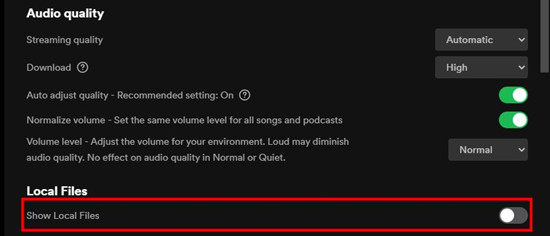 spotify settings show local files off