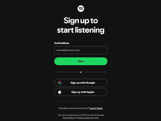 spotify sign up to start listening