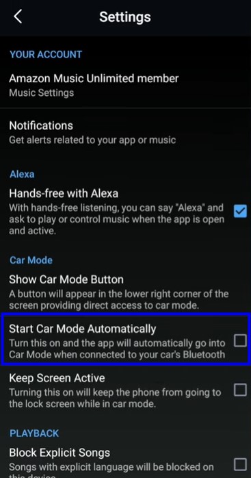 start Car Mode automatically in Settings