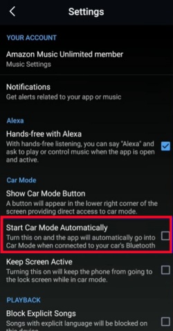 start Car Mode automatically in Settings