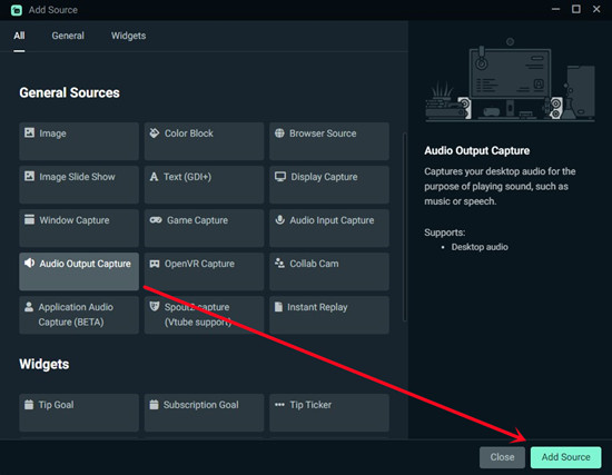 streamlabs desktop sources audio output capture add source