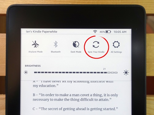 sync with kindle button