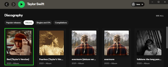 Taylor Swift album on Spotify