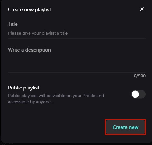 tidal create new playlist pc