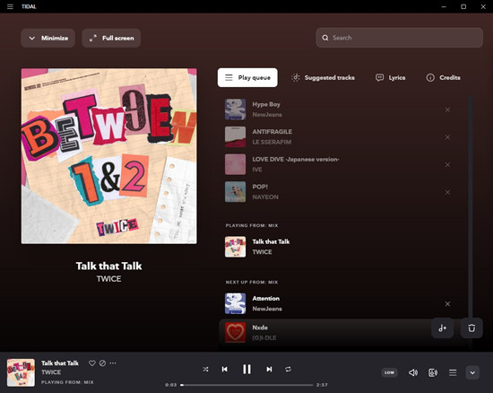 tidal desktop play queue listening history