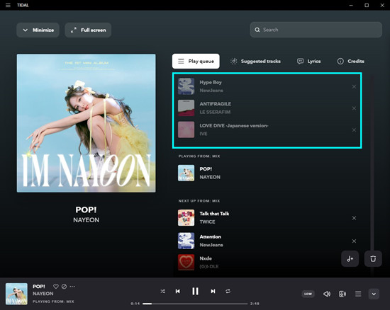 tidal desktop play queue recently played songs