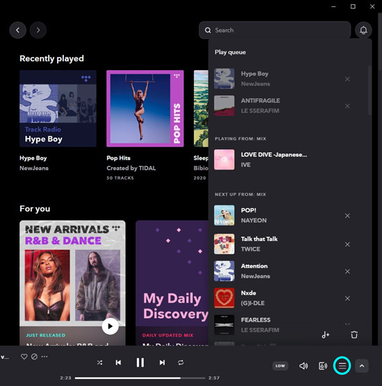 tidal desktop play queue