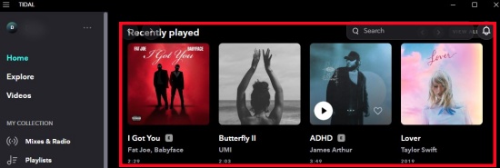 tidal desktop recently played section on homepage