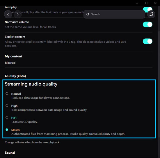 tidal desktop streaming audio quality master