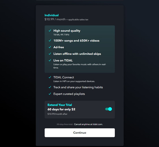 tidal free trial offer extend trial