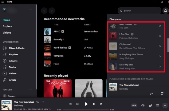 tidal recently played tracks desktop