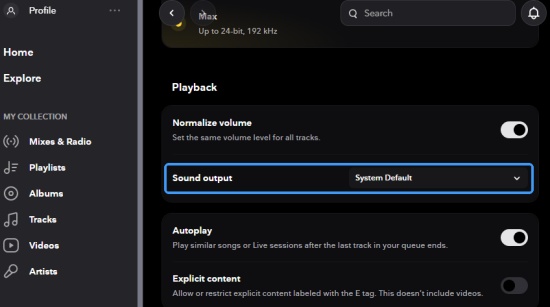 tidal sound output setting