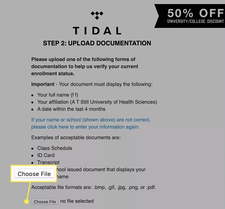 tidal student discount verification files