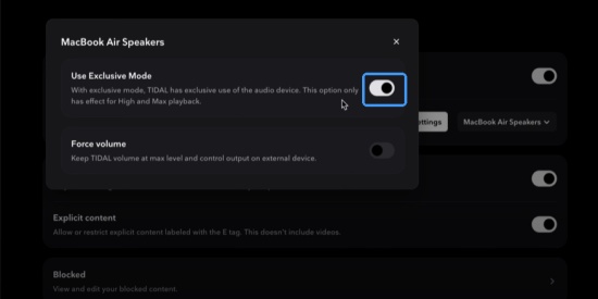 toggle on tidal exclusive mode