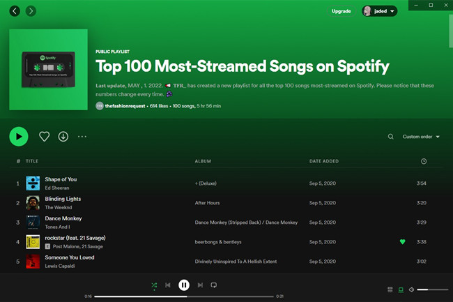 playlist of Top 100 Most-Streamed Songs on Spotify