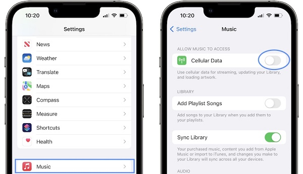 allow cellular data for apple music
