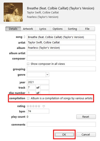 how to uncheck compilation in iTunes