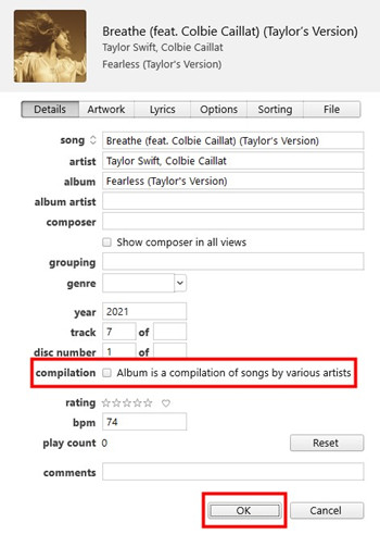 uncheck compilation itunes