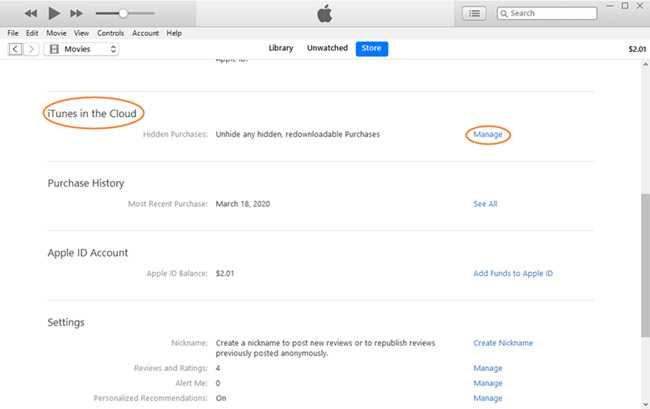 unhide itunes purchases