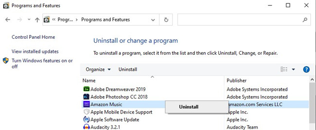 uninstall amazon music windows