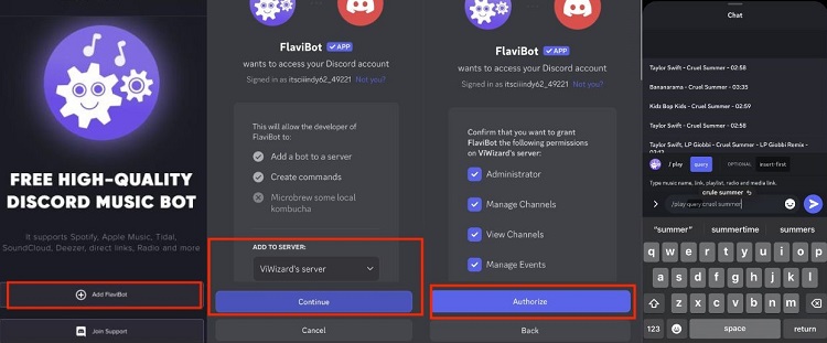 use flavibot to play tidal on discord