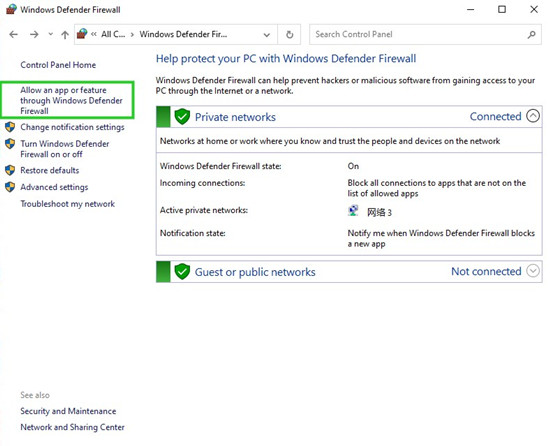 windows defender firewall allow an app or feature