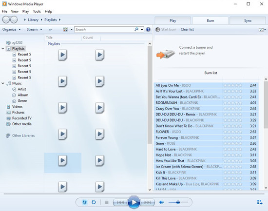 windows media player burn list