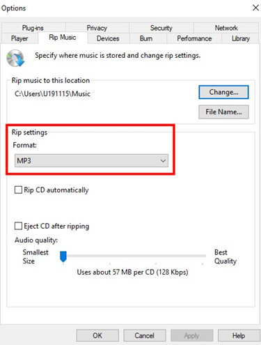 windows media player rip music rip settings