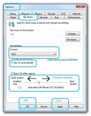 windows media player rip music settings