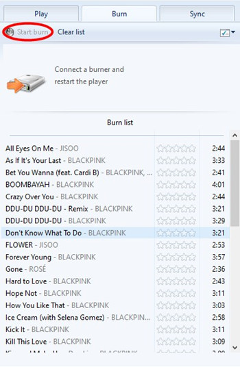 windows media player start burn