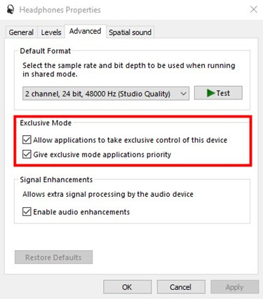 windows playback device exclusive mode