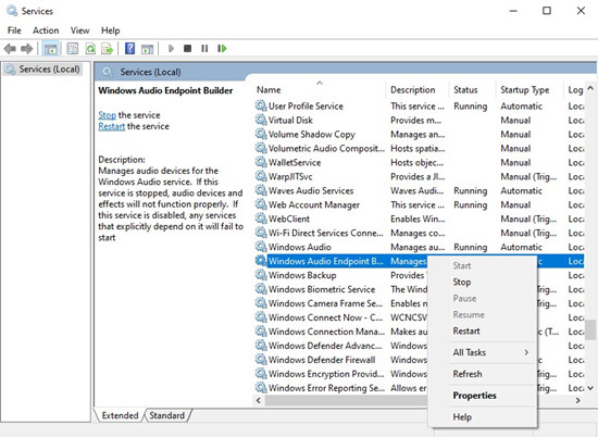 windows services restart windows audio endpoint builder