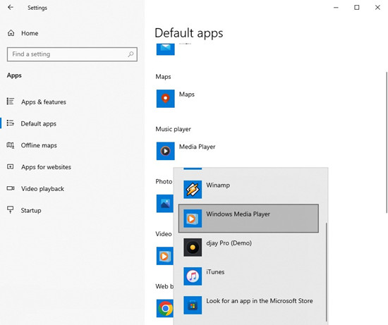 windows settings apps default music player