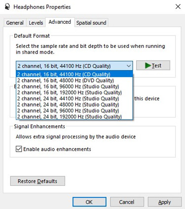 windows sound headphones properties advanced default format cd quality