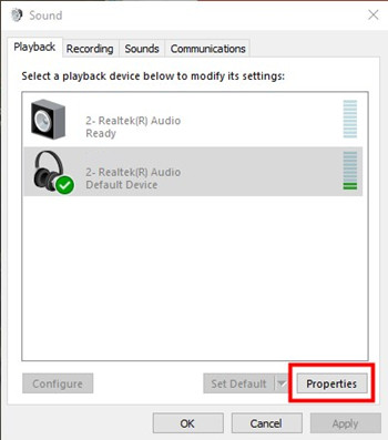 windows sound playback device properties