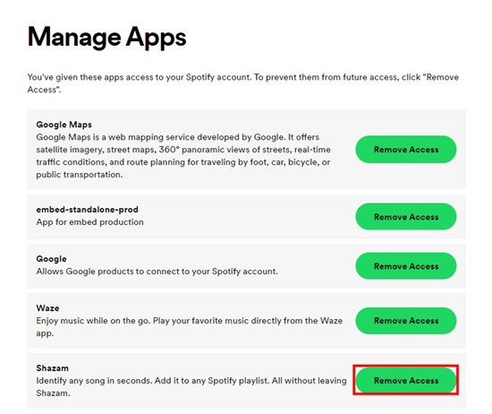 your account overview apps shazam remove access