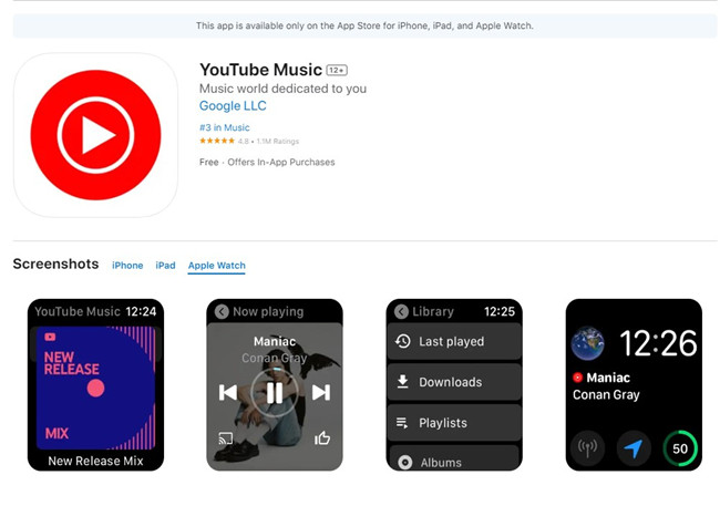 youtube music apple watch app interface