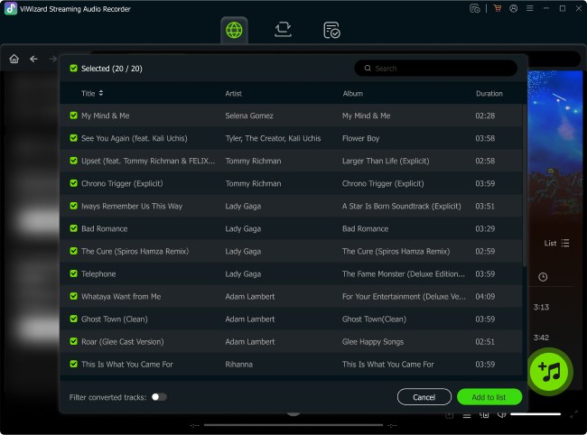 add streaming music to convert